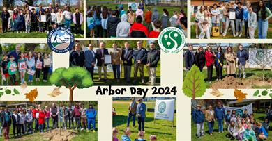 collage of Commissioners and the schools that they visit for Arbor Day